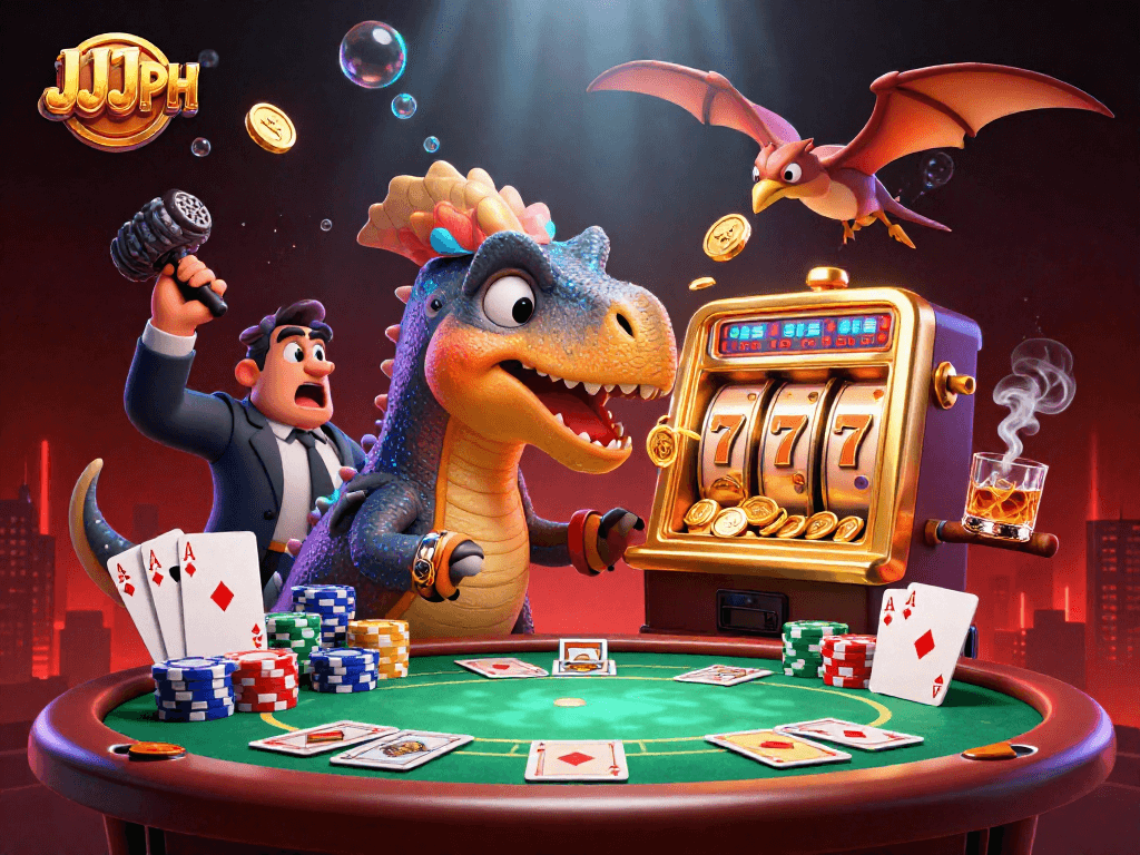JJJPH slot-themed illustration with a dinosaur jackpot scene dynamically bursting with casino elements.
