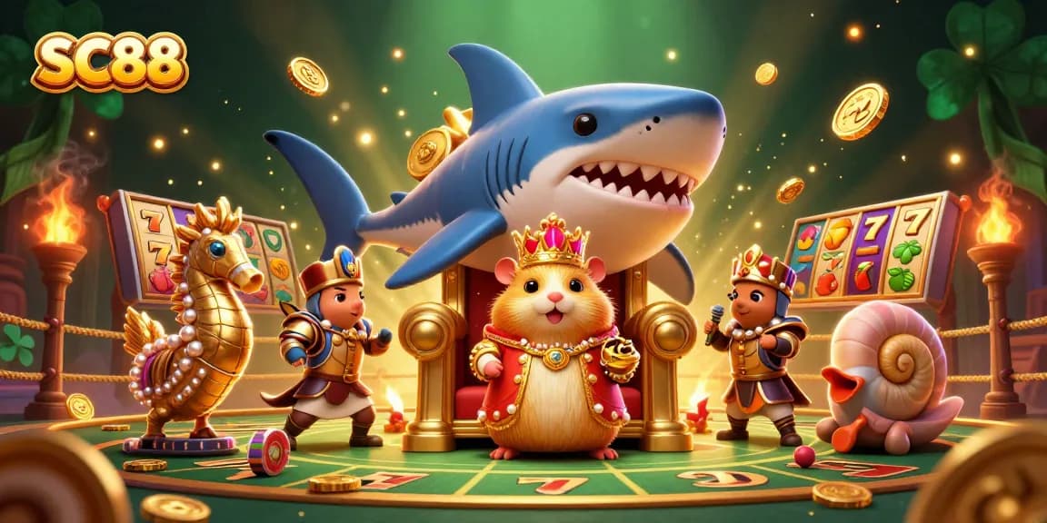 Engage in SC88 gaming with a vibrant illustration of a hamster king ruling a casino arena.