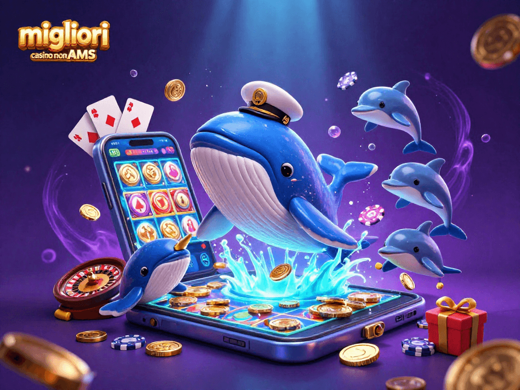 Vivi l'azione dei migliori casino non AAMS con balena marina e delfini che giocano con gettoni e premi.