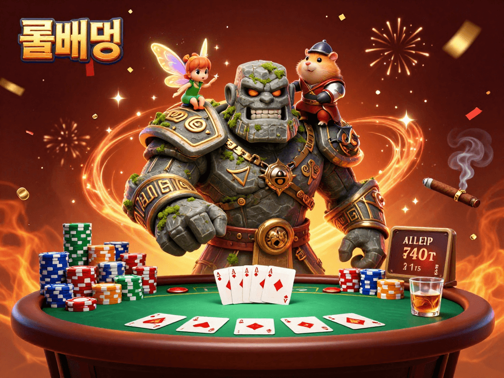 Engage with 롤배팅 featuring ancient golem and magical fairy amid casino elements.