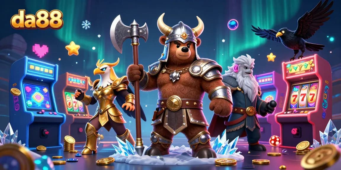 Experience thrilling gameplay at da88 with a Viking bear, Valkyrie eagle, and colorful casino elements!