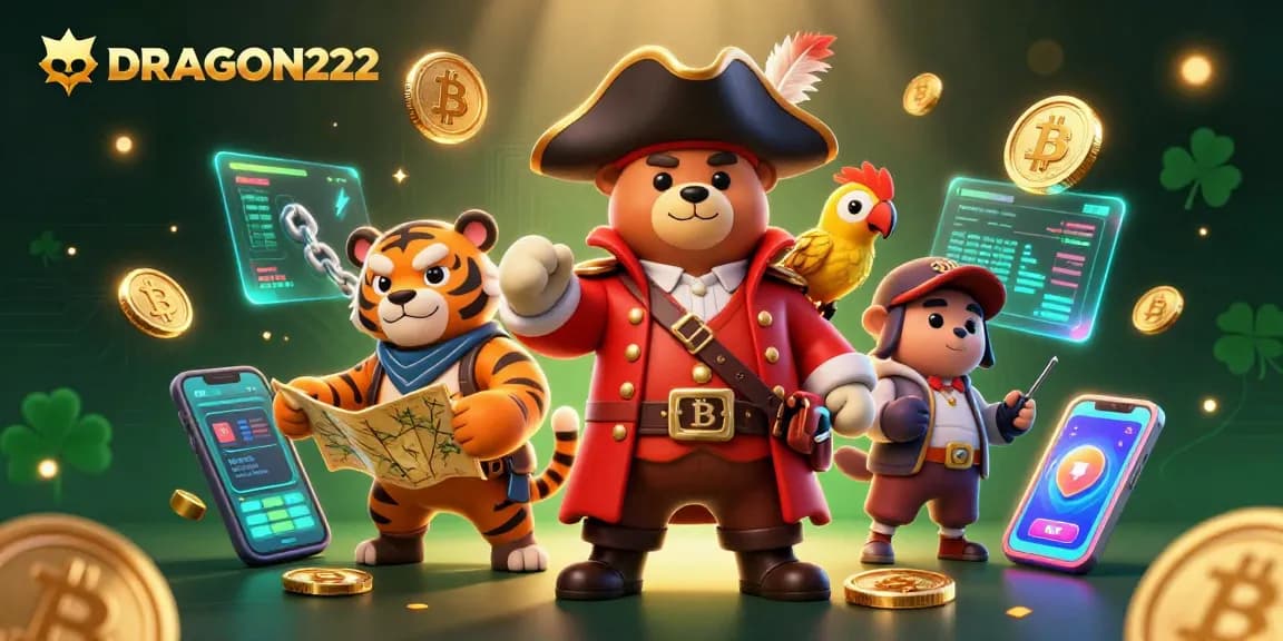 Experience the excitement of DRAGON222 with captivating illustrations of treasure-hunting characters and crypto elements.