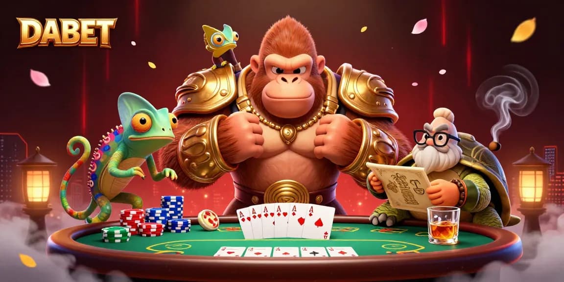 DABET showcases an intense 3D casino scene featuring a powerful gorilla king, wise tortoise, and colorful chameleon amidst poker action.