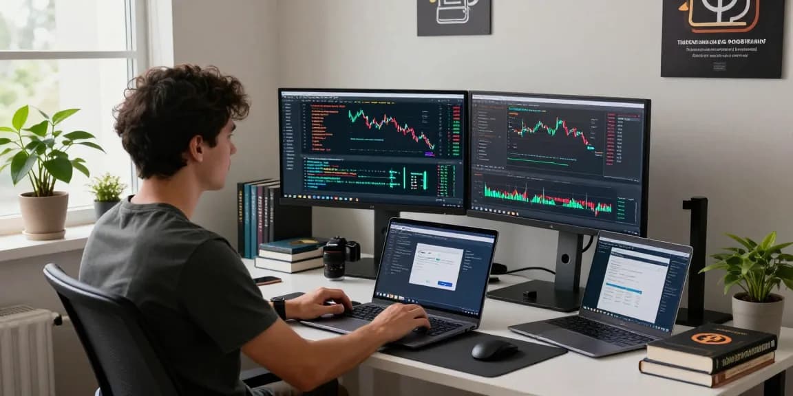 Developer analyzing Kyber-Swap trading data on multiple monitors in a modern tech workspace.