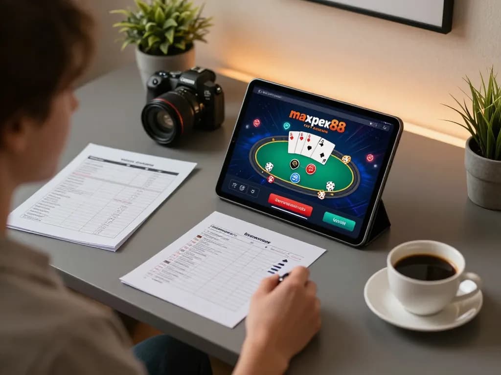 Engaging with maxpoker88 on a tablet at a stylish home gaming setup, showcasing bankroll management notes.