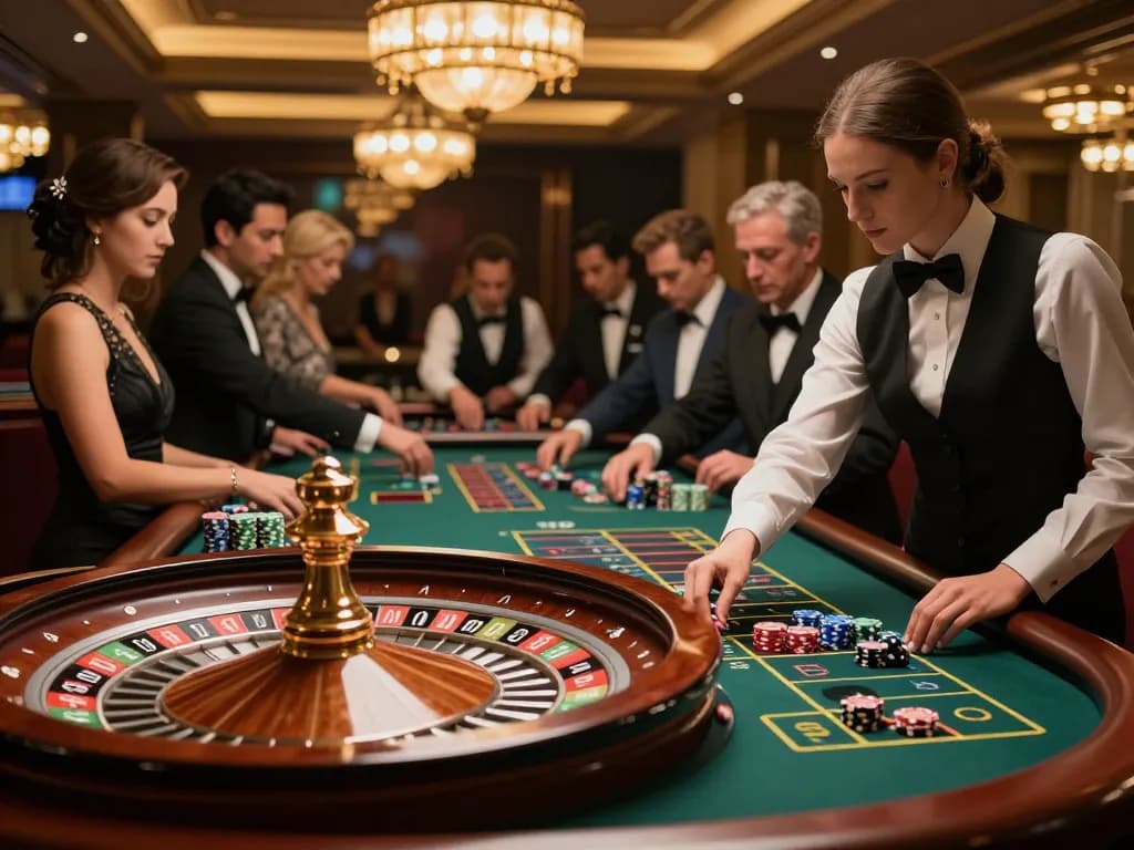 UG DEWA players engaged in thrilling roulette action with colorful chips and a spinning wheel