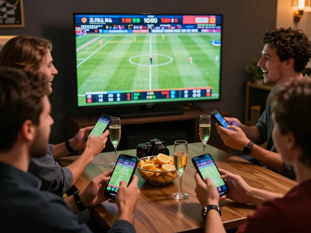 KQBD live sports betting experience capturing friends strategizing their bets while watching football matches.