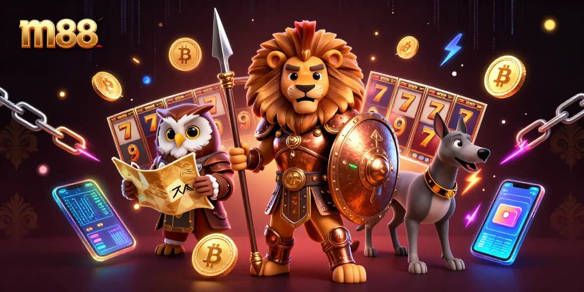 Win big at M88 with a dynamic casino-themed scene showcasing epic characters and vibrant slot game elements.
