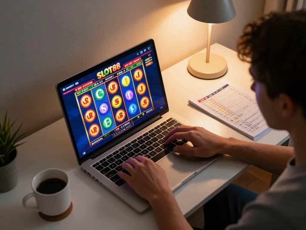 Player enjoying slot gacor games on laptop, showcasing vibrant online gambling experience