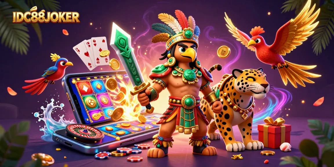 Experience thrilling gameplay with IDC88JOKER as golden coins flow from a smartphone!
