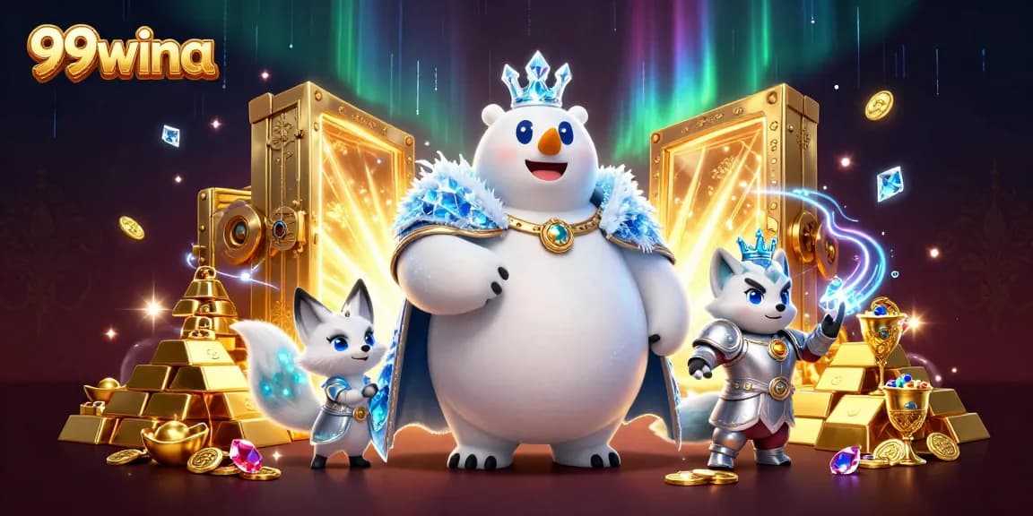 Win big at 99wina with a majestic polar bear and snow fox surrounded by treasures and casino elements.