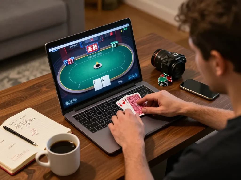 KADAL 778 player strategizing during an online poker game at home, showcasing focus and engagement.