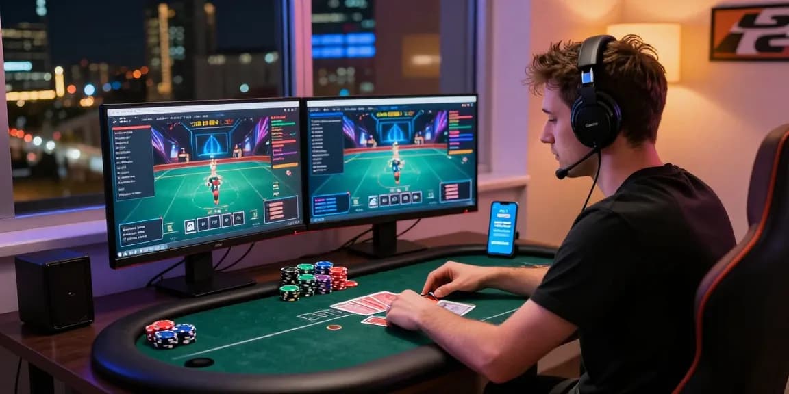 Engaging Game Poker Uang Asli Dominobet experience with a focused player in a dynamic gaming setup.