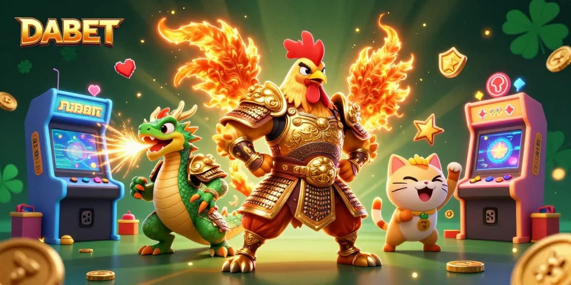 DABET invites players to join a vibrant casino adventure with a fighting rooster warrior and dragon hatchling.