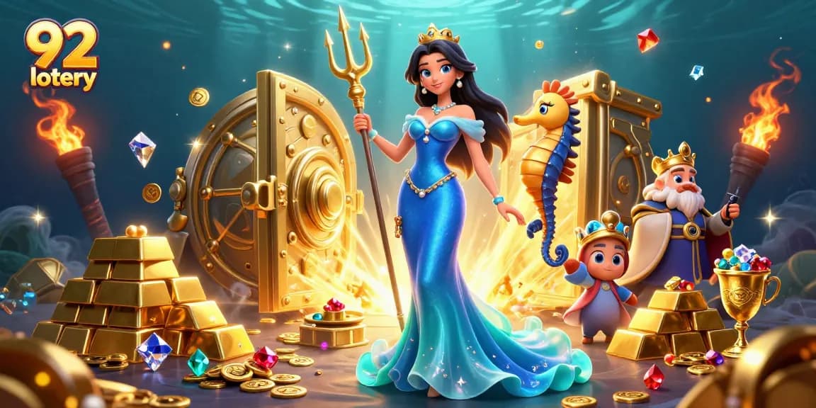 Engage with 92 lotery as a beautiful woman holds a pearl amidst treasure, symbolizing casino rewards.