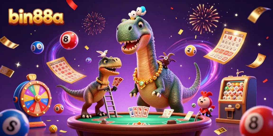 Experience the excitement at bin88a with a brontosaurus at a lively casino scene, featuring colorful game elements.