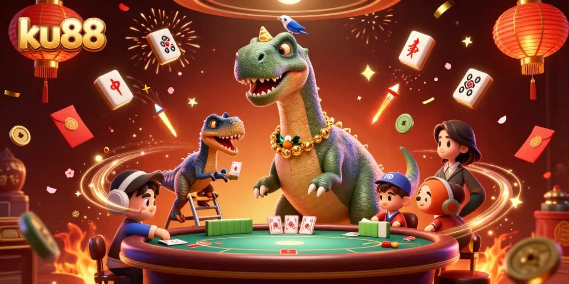 Experience thrilling moments at ku88 with a playful dinosaur card dealer in a vibrant casino setting.