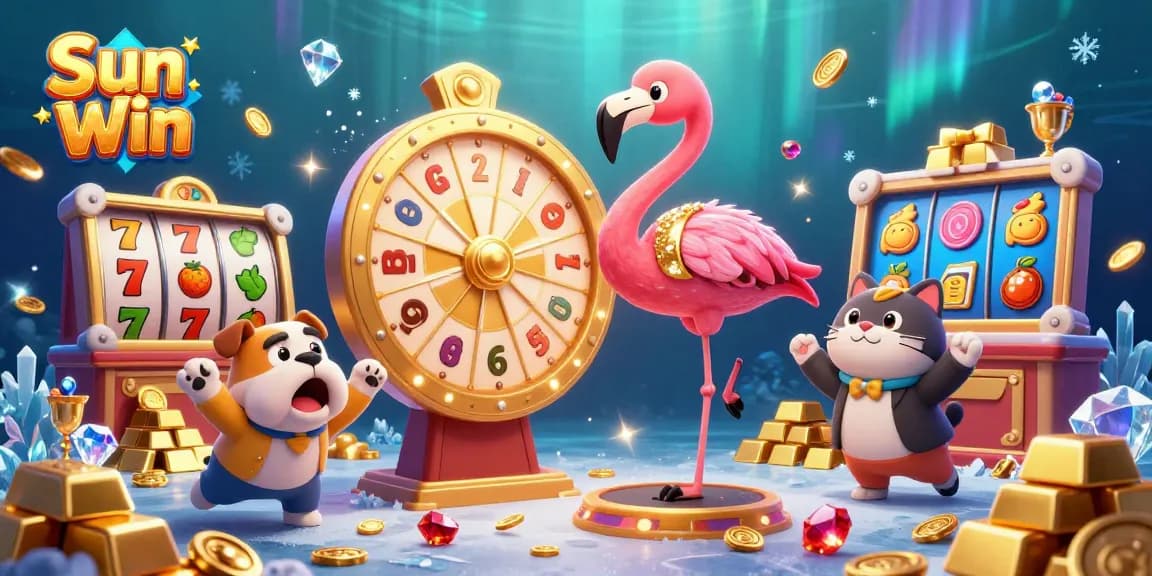 Exciting scene of Sun Win featuring a game show host flamingo, bulldog contestant, and cat assistant