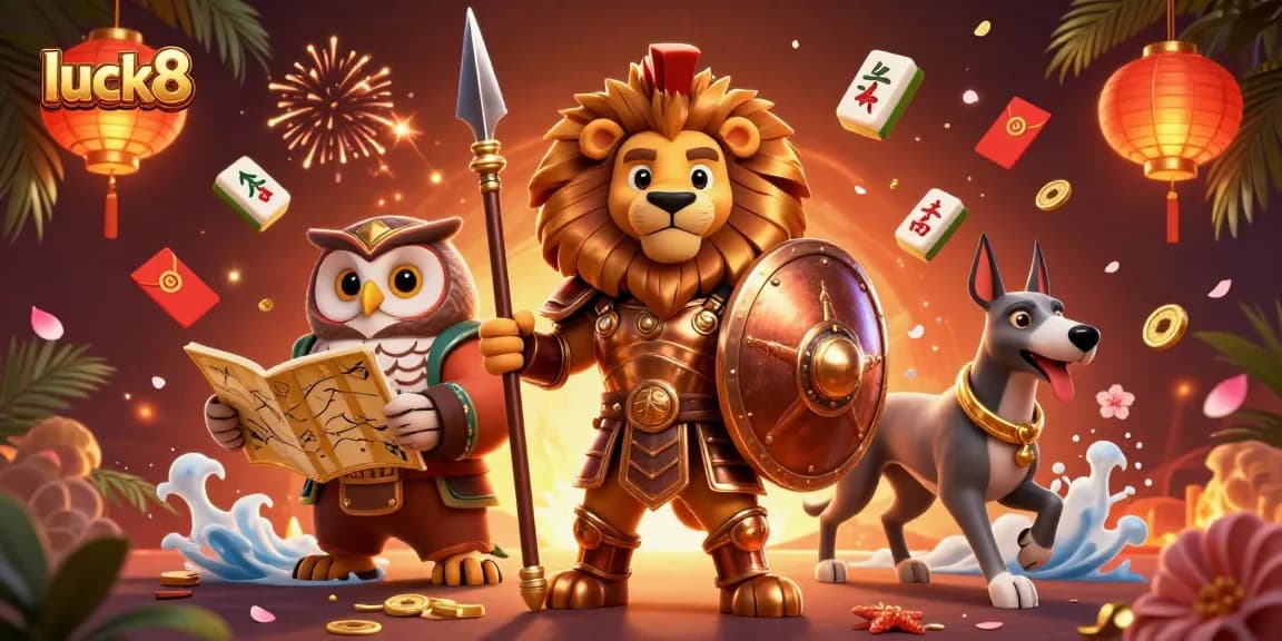Luck8's Spartan lion leads a vibrant casino scene filled with festive elements and golden treasures.