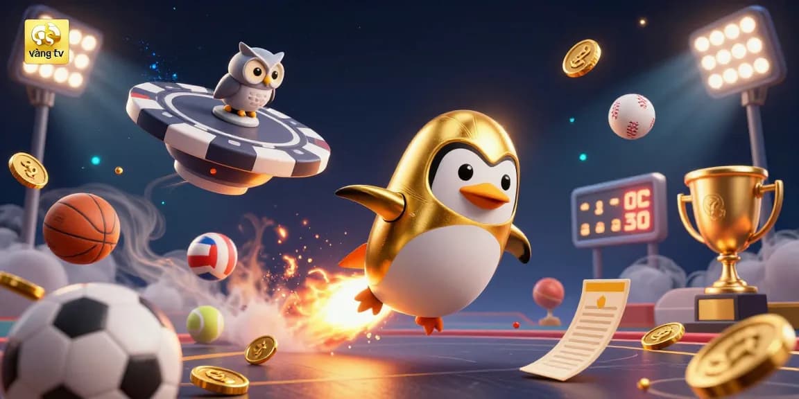 Engage with gà vàng tv through a vibrant casino adventure with a golden penguin and sports elements.