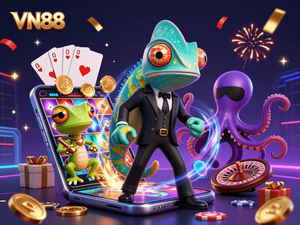 Witness the exciting VN88 gaming scene featuring thrilling characters, slot games, and casino elements.
