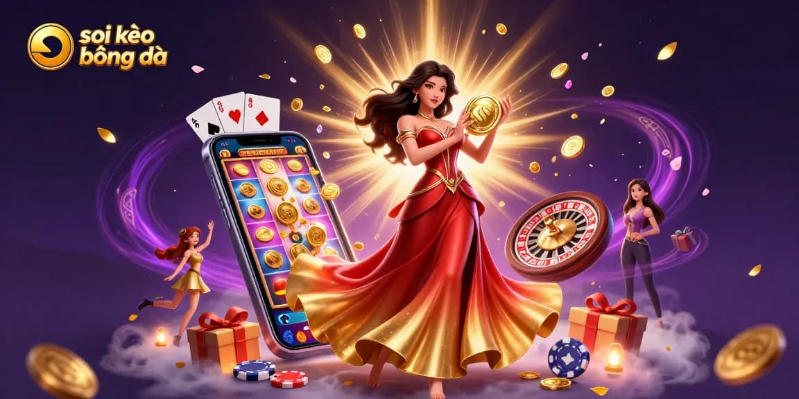 Experience soi kèo bóng đá with a stunning Asian woman holding a golden coin amidst vibrant casino elements.