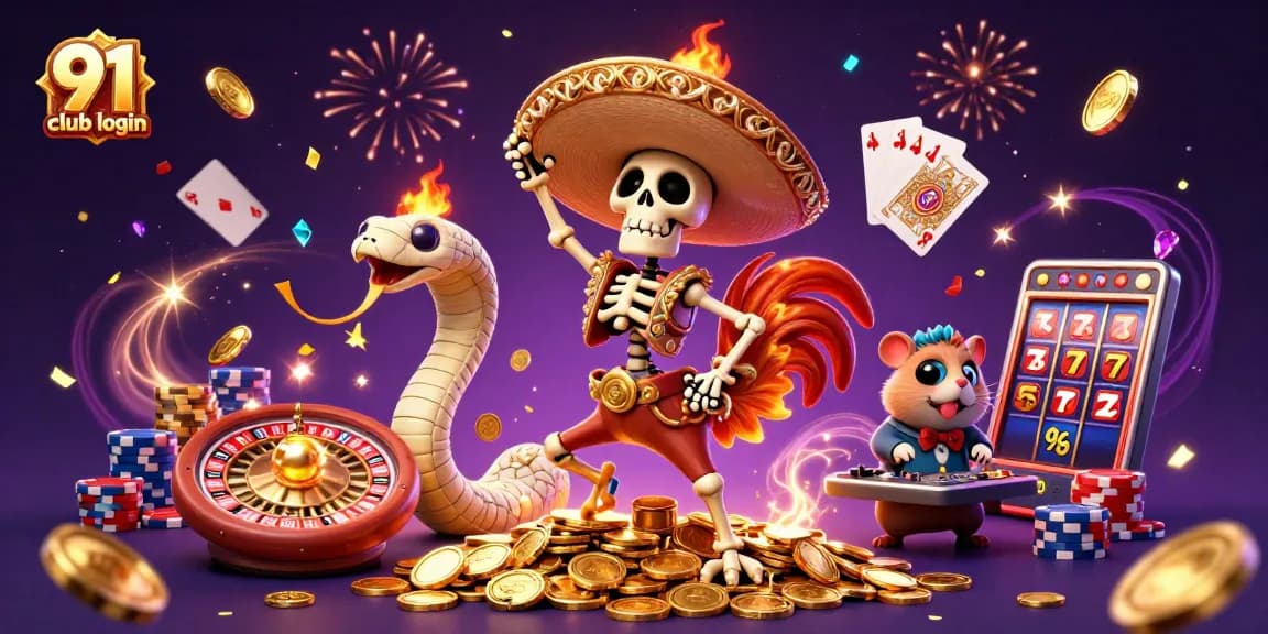 91 club login scene featuring a vibrant marachi rooster, mummy snake, and DJ hamster in a casino environment.
