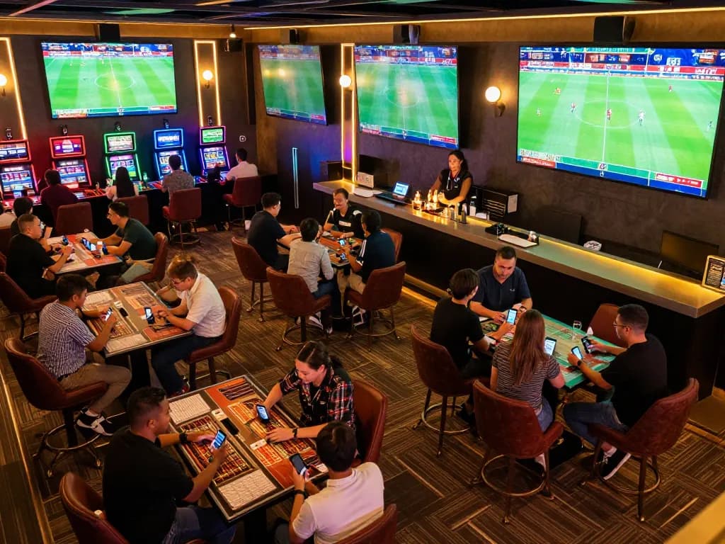 Excited bettors analyzing kèo nhà cái at a lively sports betting lounge with multiple screens.