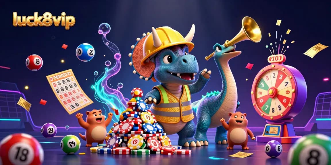 Engage in excitement at luck8vip with a vibrant 3D casino illustration filled with action and color.