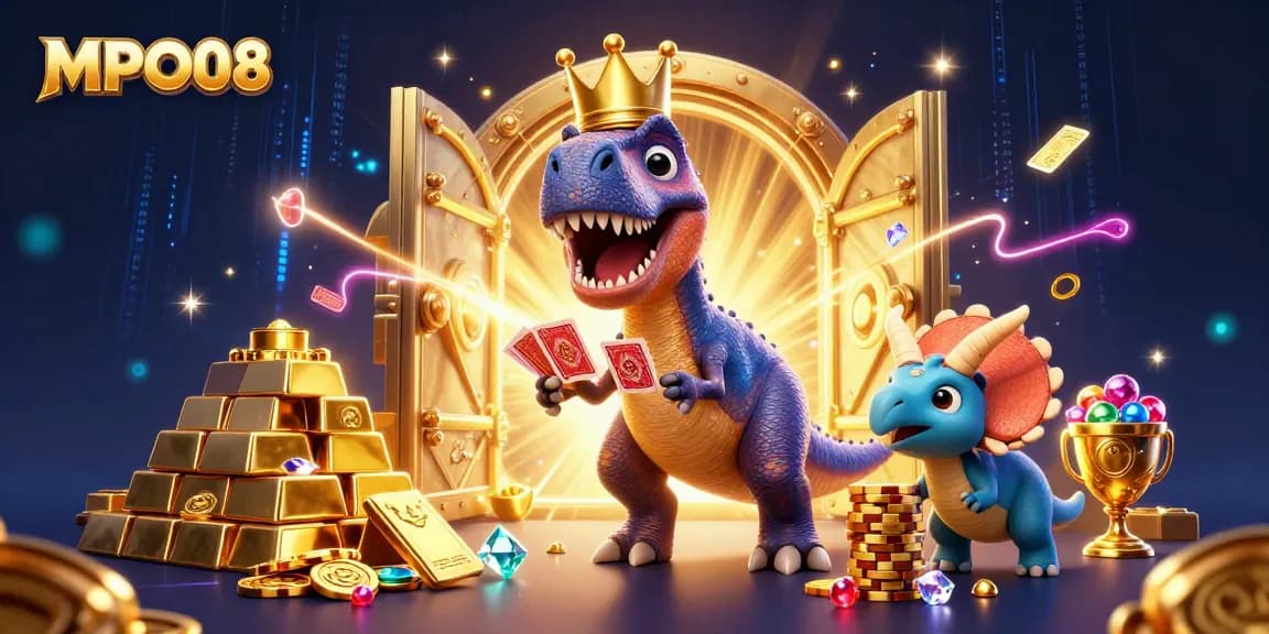 MPO08 showcases a vibrant 3D scene with a T-Rex shuffling cards, embodying thrilling casino action.