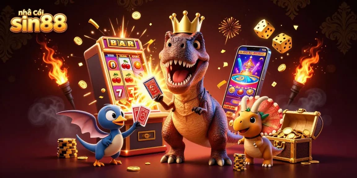Experience the excitement at nhà cái sin88 with a friendly T-Rex shuffling cards and dynamic casino elements.