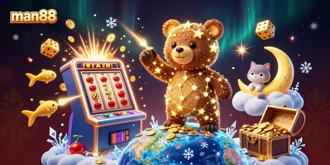 Experience the magic of man88 with a constellation bear and a jackpot explosion in this vibrant casino scene.