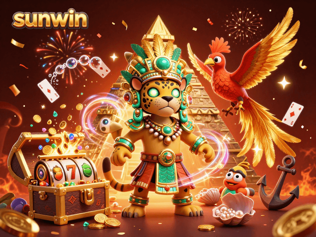 Engage with sunwin's vibrant casino scene featuring a Mayan jaguar priest and slot reels, packed with treasures.