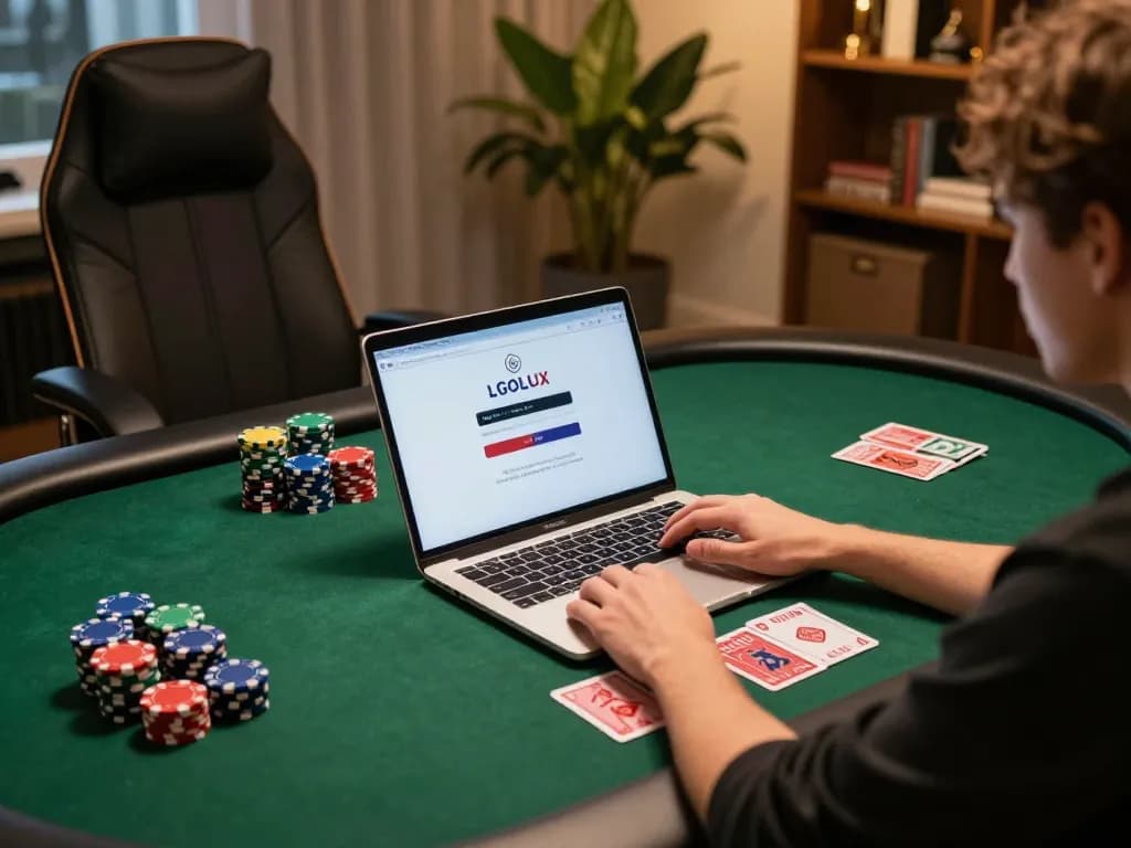 Engaging in LGOLUX LOGIN for online gaming with poker chips and laptop in cozy setting