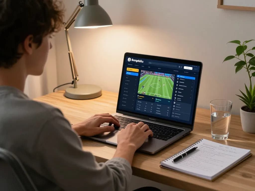 Bongdallu online sports betting scene with user analyzing statistics on laptop in a modern home setting