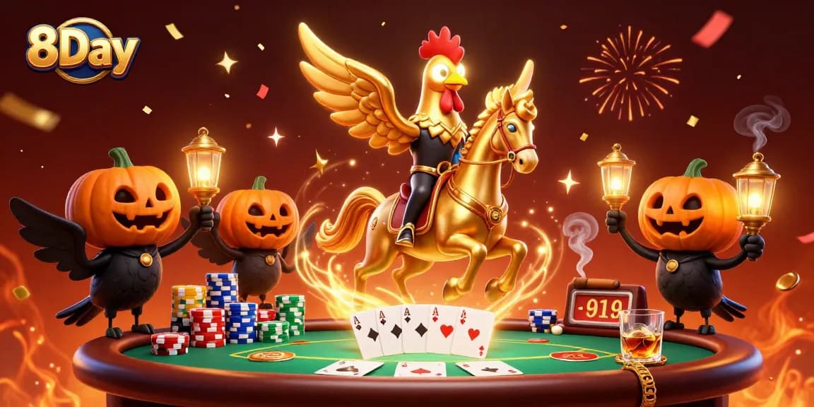 Experience the excitement of 8Day with a golden rooster in a vibrant casino scene.