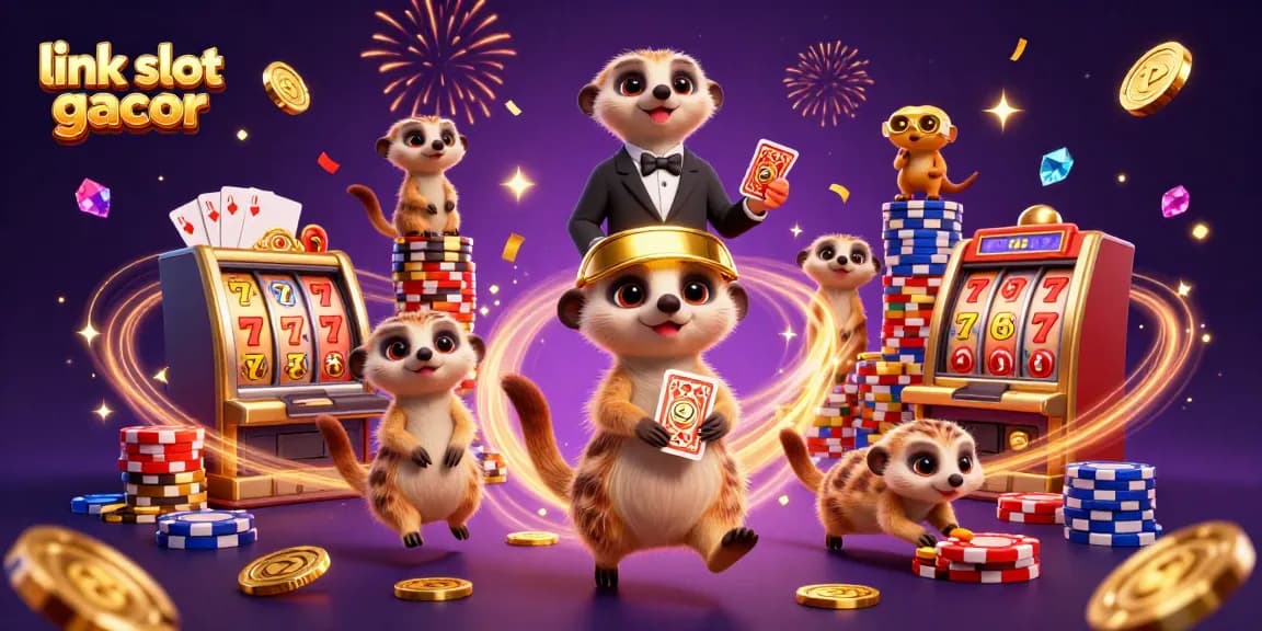 Engage with the excitement of link slot gacor as you witness meerkats managing a vibrant casino in a dazzling 3D digital illustration.