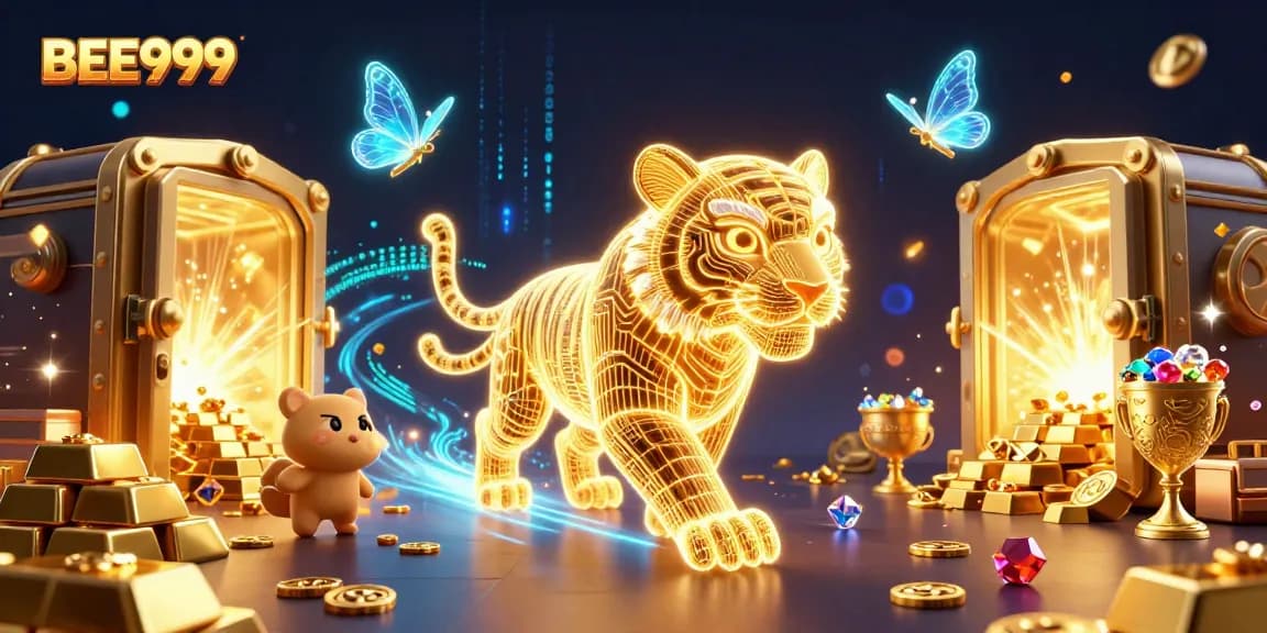 BEE999 engages players with a vibrant 3D casino landscape featuring a neon tiger amidst gold treasures.