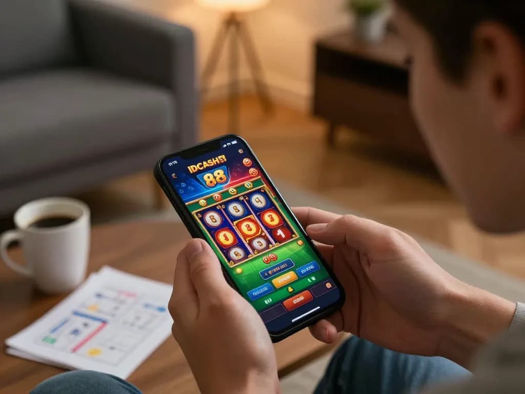 Engaging user experiencing thrilling gameplay on the IDCASH 88 app, showcasing online gambling excitement.