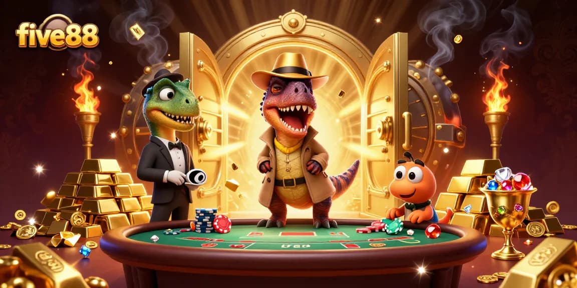 five88 flashy casino illustration with cartoon dinosaurs at a blackjack table surrounded by treasure