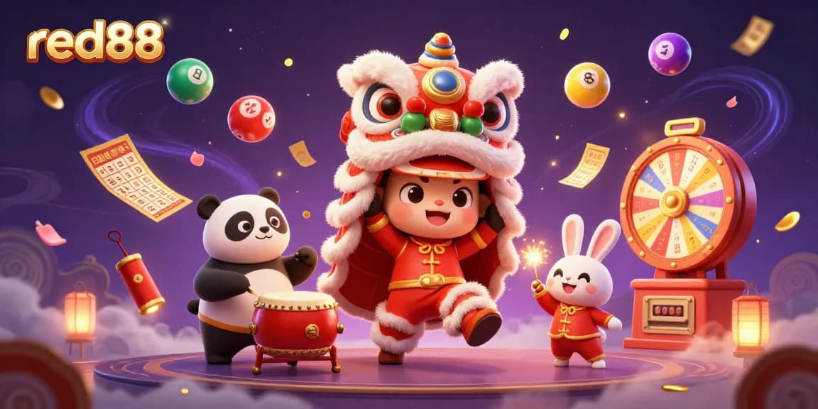 Engage with the vibrant red88 illustration showcasing dynamic casino elements and festive characters.