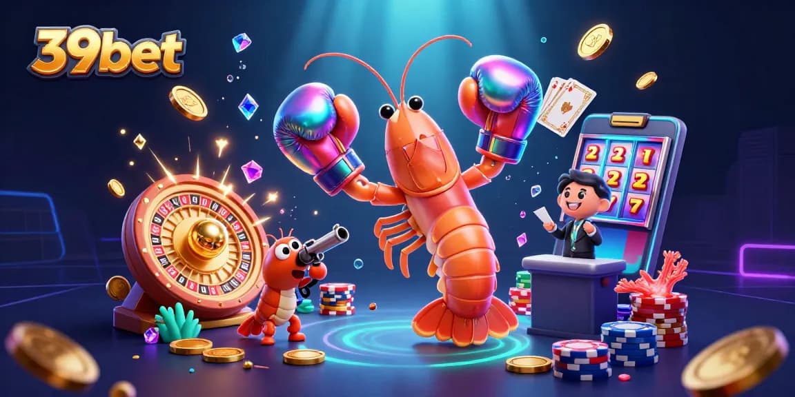 Experience thrilling action with 39bet featuring vibrant animated shrimp characters amidst dazzling casino elements.