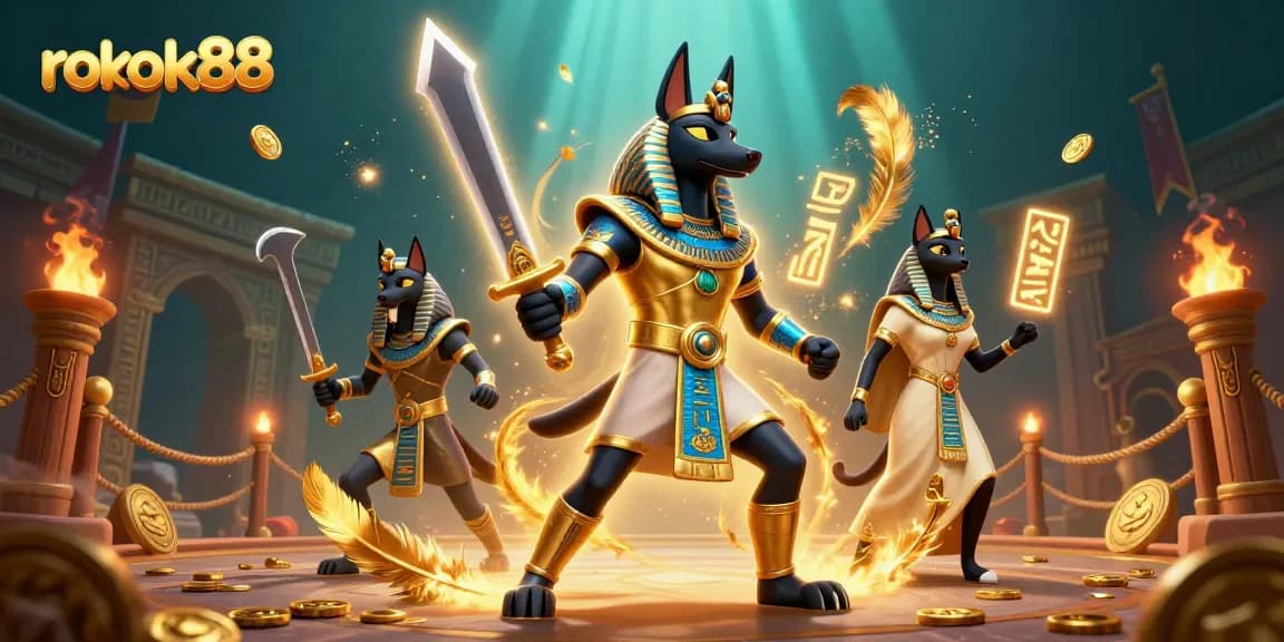 Engage in exciting gameplay with rokok88 in a vibrant casino setting featuring ancient warriors and golden treasures.
