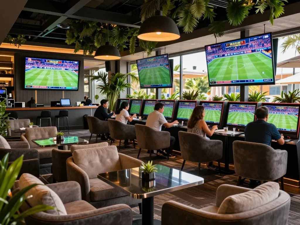 Engaged sports bettors analyzing odds at a premier casino sports lounge, feeling the excitement of 7m results.