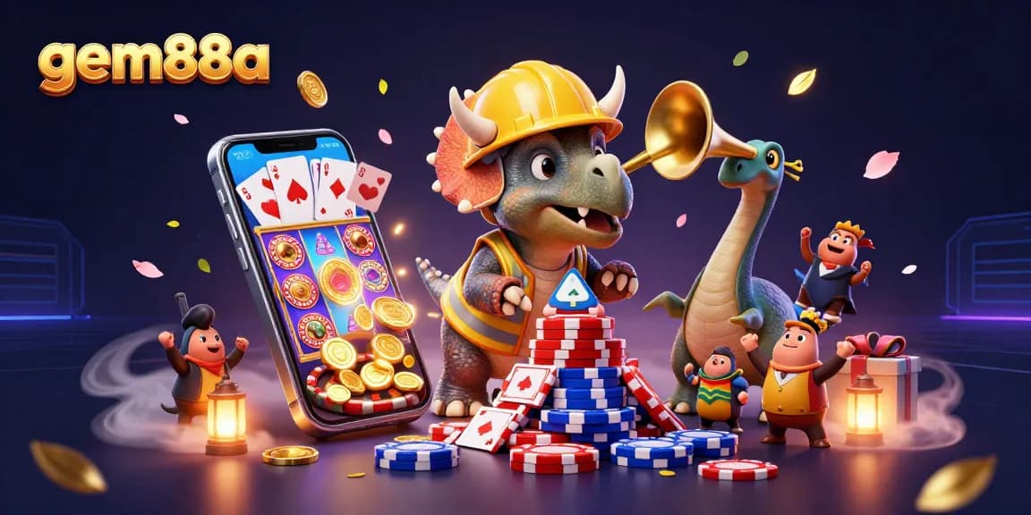 Join the lively celebration at gem88a with a triceratops building poker chips while coins and gaming elements burst around!