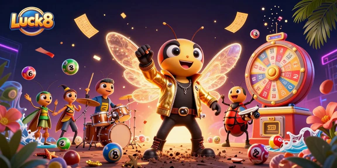 Engage with Luck8's exciting lottery-themed scene featuring animated characters and vibrant game elements.