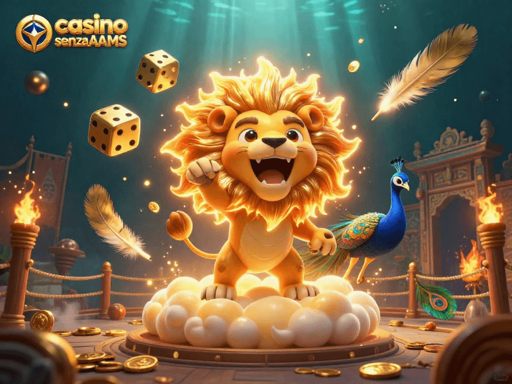 Immagine dinamica di casino senza AAMS con simboli di gioco e un leone solare trionfante.