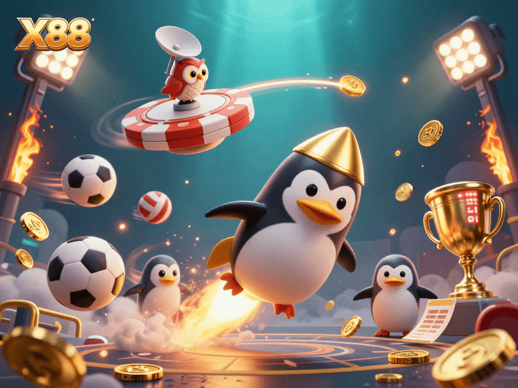 X88 offers thrilling betting fun with a cartoon penguin rocket traveling to a casino.