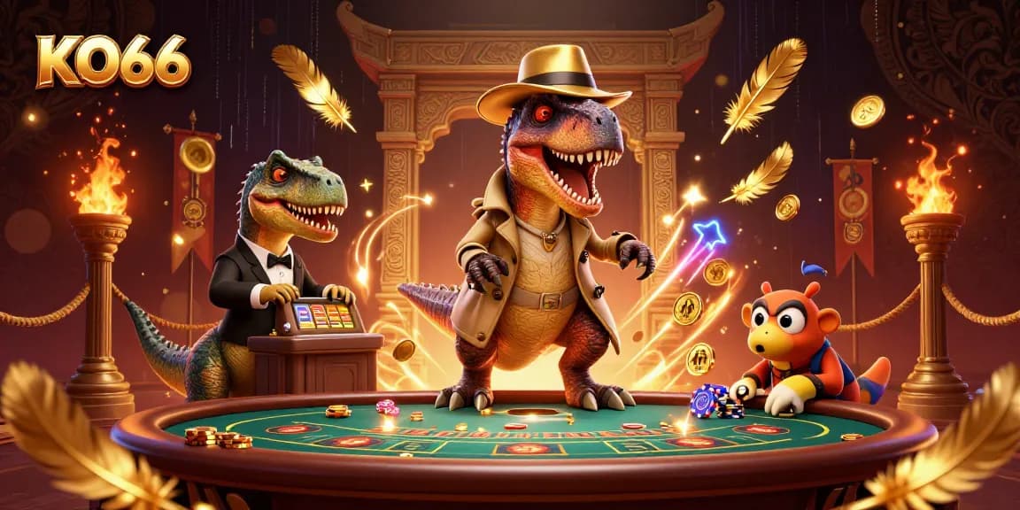 KO66 velociraptor card counter discreetly plays blackjack amidst vibrant casino elements.