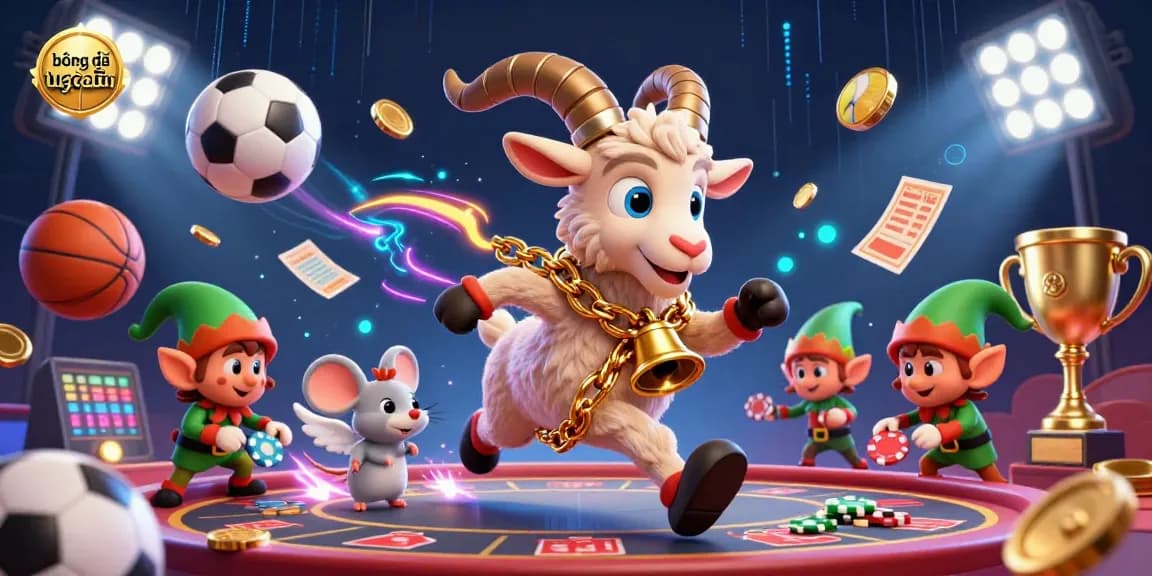 Experience the excitement of bóng đá trực tiếp with dynamic sports elements and lively characters in a festive casino atmosphere.